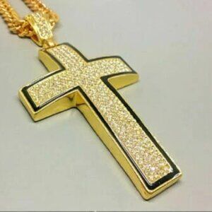 Men's Micro Pave AAA CZ Crystal Cross Pendant 30" Long Cuban Chain Necklace